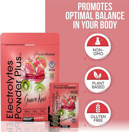Electrolytes Powder Plus, Keto, Guava Kiwi, Sugar Free, Pink Himalayan Salt, 1000mg Potassium, 120mg Calcium, 120mg Magnesium, Non-GMO, Zero Calories, (16 Hydration Packets)