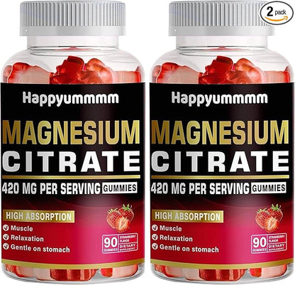 Magnesium Citrate Gummies 420mg per Serving - 180 Strawberry Gummies - Promotes Healthy Relaxation, Muscle, Bone, & Energy Support (2 Pack).