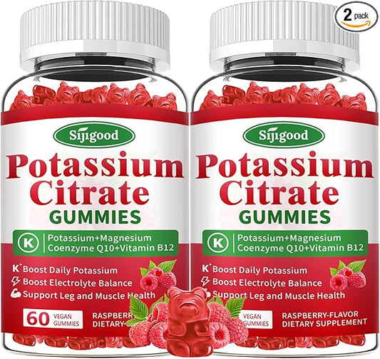 2 Pack Potassium Citrate Gummies – Potassium Supplement for Muscle Health, Leg Cramp Relief & Electrolyte Balance, Vegan, Non-GMO, Gluten-Free, Raspberry Flavor, 120 Count