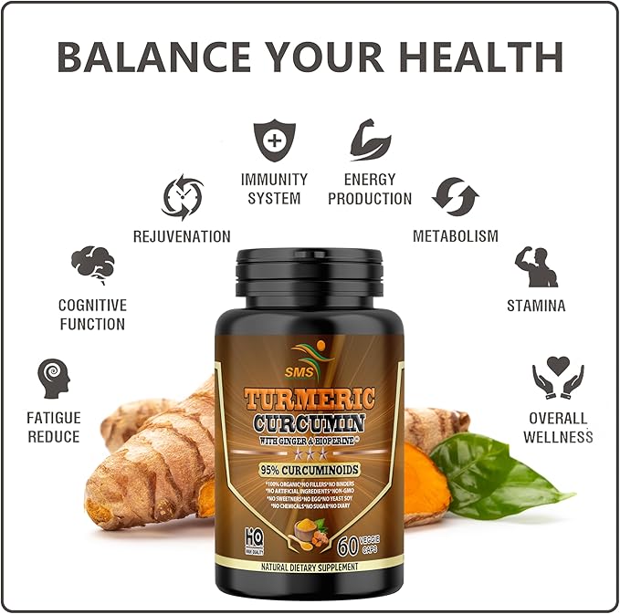 Turmeric Curcumin with Ginger, BioPerine Black Pepper, 95% Curcuminoids, Natural Joint & Healthly Inflammatory Support, Antioxidant Tumeric Supplement, 60 Veggie Capsules, Made in USA, by SMS