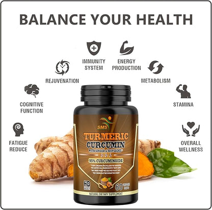 Turmeric Curcumin with Ginger, BioPerine Black Pepper, 95% Curcuminoids, Natural Joint & Healthly Inflammatory Support, Antioxidant Tumeric Supplement, 60 Veggie Capsules, Made in USA, by SMS