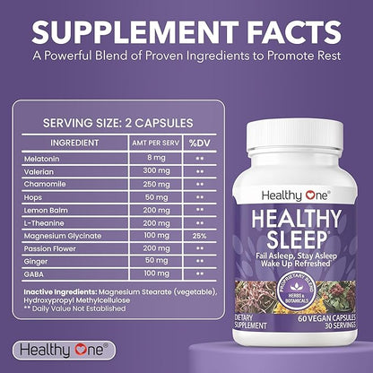 Healthy Sleep - 10 REM Inducing Ingredients - Supports All Stages of Deep Rest - Insomnia - Anxious - Restless - Melatonin - Valerian - Chamomile - Theanine - GABA - Hops - Lemon Balm - 60 Count