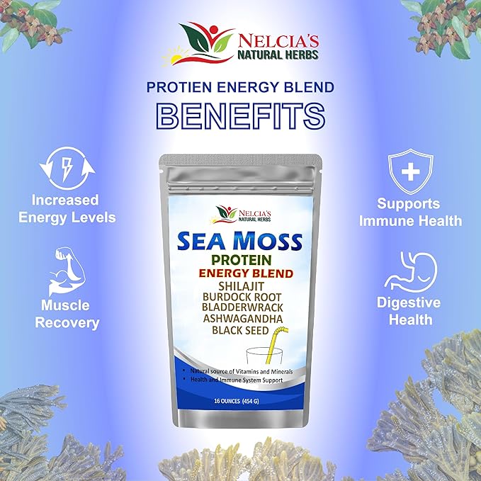 Nelcia'S Natural Herbs Sea Moss Ashwagandha Protein Powder -Natural Irish Sea Moss, Bladderwrack and Burdock Root, Black Seed and Shilajit Powder (16oz)