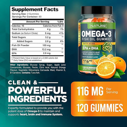 Omega 3 Fish Oil Gummies with EPA & DHA from Wild Fish - Triple Strength Omega 3 Fish Oil Gummy, Supports Healthy Heart, Brain & Immune System, Burpless & Natural - 120 Gummies, 60 Day Supply