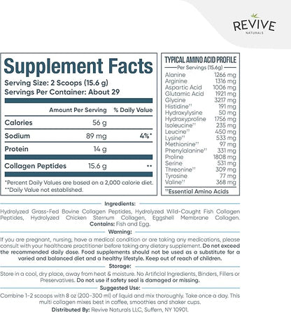 Revive Naturals Multi Collagen Hydrolyzed Protein Powder (16oz) - Types I, II, III, V & X - Grass Fed Bovine, Wild Caught Marine, Free Roaming Chicken & Eggshell Collagen Peptides,