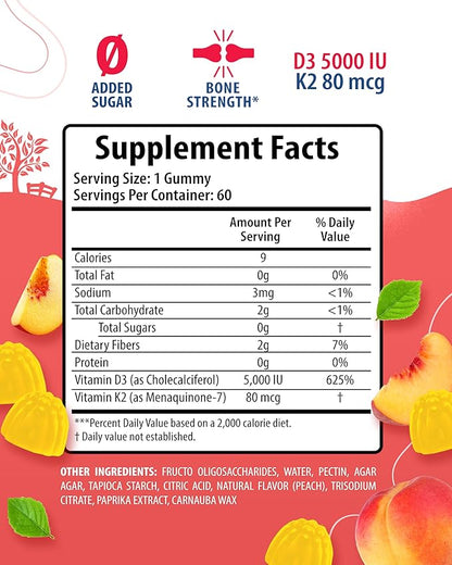 Vitamin D3 K2 Gummies 5000 IU - Immune & Bone Support & Magnesium Gummies for Kids & Adults - 200mg