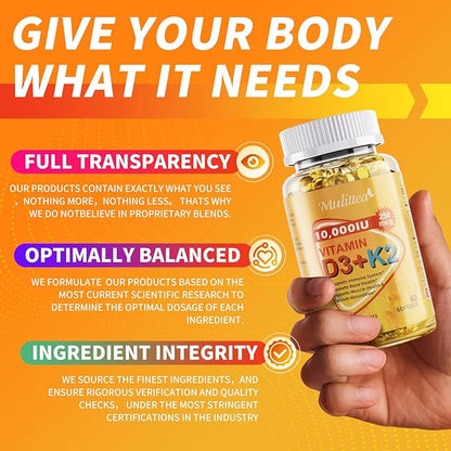 3 in 1 Vitamin D3 K2 Softgels with Natural MCT, 10000 IU - Vitamin D Plus MK-7 200mcg, No Fillers, Non-GMO for Immune Support, Bone & Heart Health, Plant-Based Ultimate Absorption, 1 Months Supply