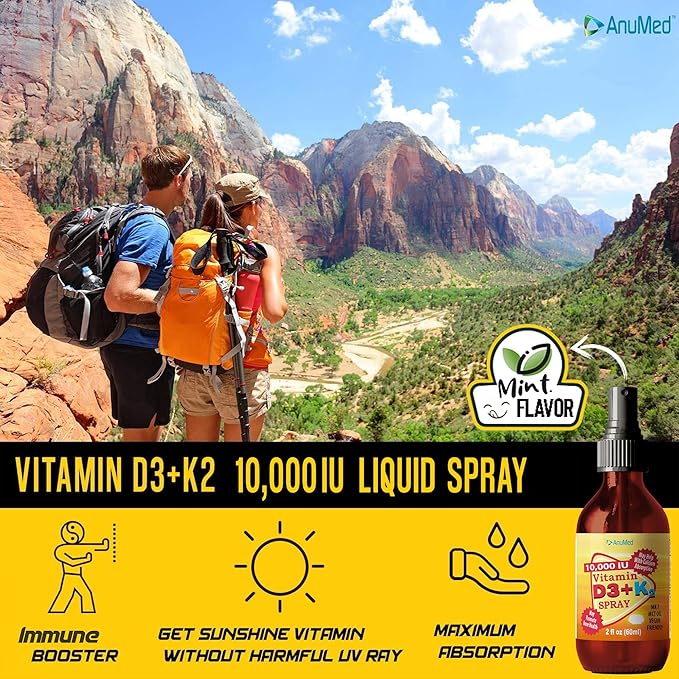 Vitamin D3 K2 10,000 IU Liquid Spray with Organic MCT Oil, Vitamin A (Retinol) 1250mcg, K2 (MK4,MK7) Promotes Heart, Bones, Immune System. 100% Vegan, Non-GMO, Gluten-Free, No Sugar Added (2oz)