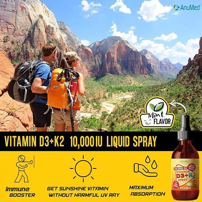 Vitamin D3 K2 10,000 IU Liquid Spray with Organic MCT Oil, Vitamin A (Retinol) 1250mcg, K2 (MK4,MK7) Promotes Heart, Bones, Immune System. 100% Vegan, Non-GMO, Gluten-Free, No Sugar Added (2oz)