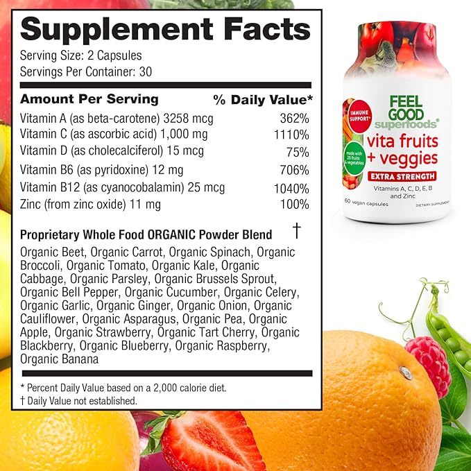 1000mg Immune Support Capsules Made with 25 Organic Fruits and Vegetables, Strong Immunity Boosters with Vitamins A, C, D3, and Zinc, 60 Count