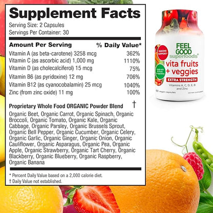 1000mg Immune Support Capsules Made with 25 Organic Fruits and Vegetables, Strong Immunity Boosters with Vitamins A, C, D3, and Zinc, 60 Count