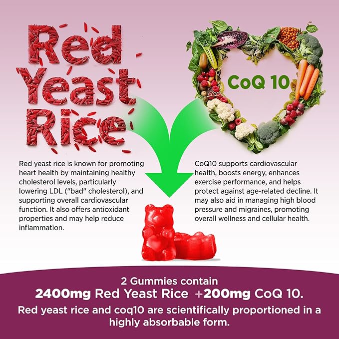 Red Yeast Rice with Coq10 Gummies Sugar Free, Organic Red Yeast Rice 2400mg for Cholesterol Lowering Supplements, Enhanced with Coenzyme Q10 200mg for Heart Health Support, 60 Counts