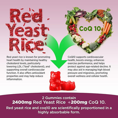 Red Yeast Rice with Coq10 Gummies Sugar Free, Organic Red Yeast Rice 2400mg for Cholesterol Lowering Supplements, Enhanced with Coenzyme Q10 200mg for Heart Health Support, 60 Counts