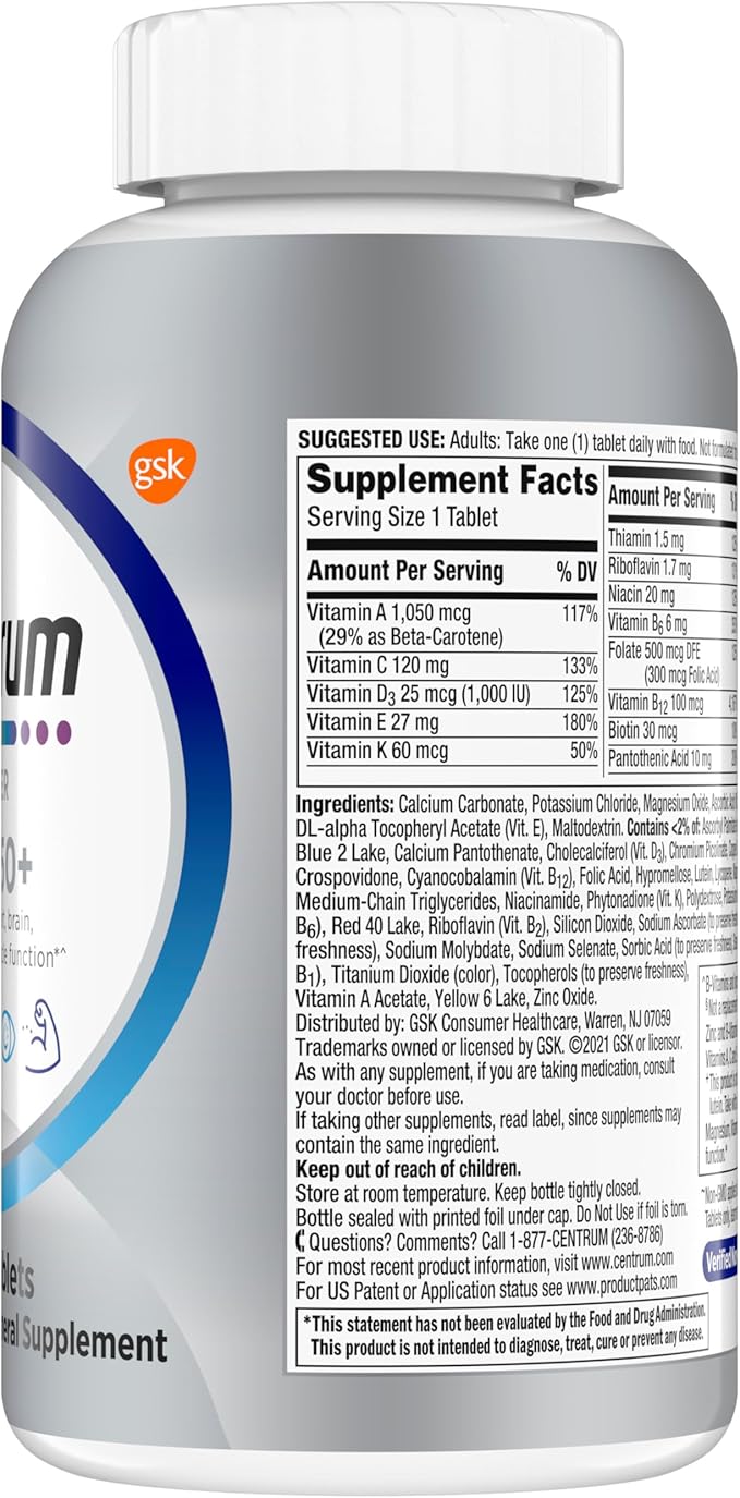 Centrum Silver Men's 50+ Multivitamin with Vitamin D3, B-Vitamins, Zinc for Memory and Cognition - 200 Tablets