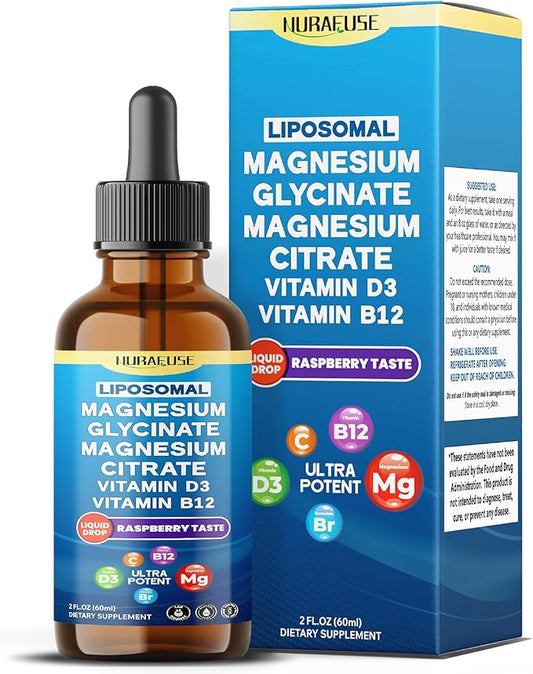 Liposomal Magnesium Glycinate, Magnesium Citrate, Vitamin D3, Vitamin B12 Liquid Drops – Ultra Potent, Raspberry Taste, USA Made & Lab Tested – 2 FL OZ (60ml)