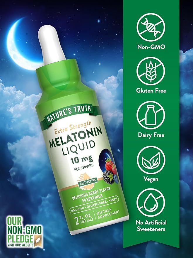 Nature's Truth Melatonin Liquid | 10 mg | 2 Fl oz Maximum Strength for Adults | Berry Flavor | Vegetarian, Non-GMO, & Gluten Free Supplement