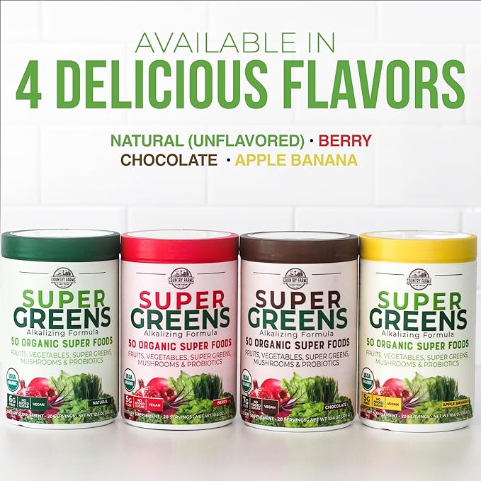 COUNTRY FARMS Super Greens Chocolate Flavor, 50 Organic Super Foods, USDA Organic Drink Mix, Fruits, Vegetables, Super Greens, Mushrooms & Probiotics, Supports Energy, 40 Servings, 10.6 Oz, 2 Pack