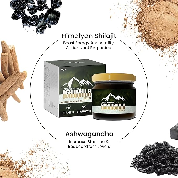 Shilajit Himalayan Pure Organic Resin Supplement for Men & Women with Ashwagandha, Natural Gold Grade for Energy & Immunity with 85+ Trace Minerals & Fulvic Acid | 25g, 83 Servings, 12 Weeks Supply.