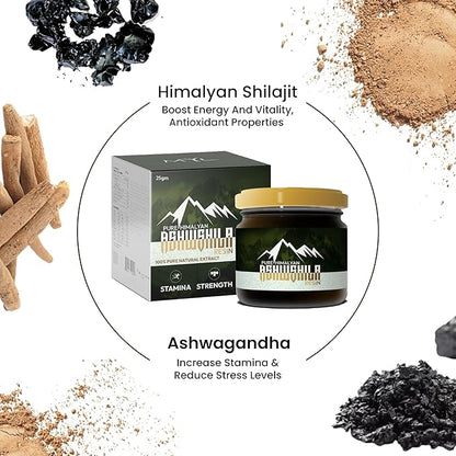 Shilajit Himalayan Pure Organic Resin Supplement for Men & Women with Ashwagandha, Natural Gold Grade for Energy & Immunity with 85+ Trace Minerals & Fulvic Acid | 25g, 83 Servings, 12 Weeks Supply.