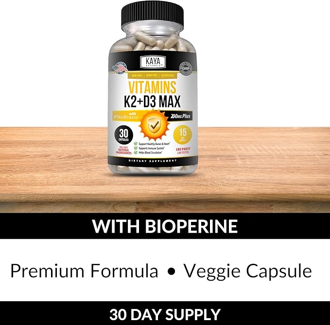Kaya Naturals Vitamins K2 with D3 5000IU Supplement for Men and Women - Easy to Swallow - Bioperine Capsules (30 Count (Pack of 1)