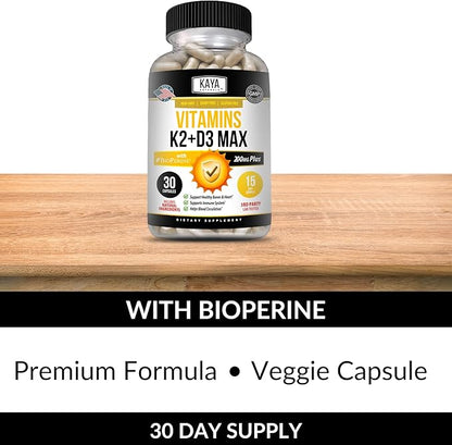 Kaya Naturals Vitamins K2 with D3 5000IU Supplement for Men and Women - Easy to Swallow - Bioperine Capsules (30 Count (Pack of 1)