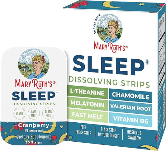 Sleep Dissolving Strips by MaryRuth's | L Theanine | Chamomile Flower | Melatonin 5mg | Valerian Root | Vitamin B6 | Sugar Free | Cranberry Flavor | Vegan | Gluten Free | Dairy Free | 30 Count