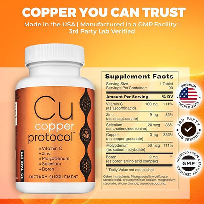 Copper Supplement with Zinc, Selenium, Boron, Molybdenum, and Vitamin C | Copper Protocol for Men & Women | Supports Joint Health | Essential Minerals for Daily Wellness | 90 Tablets