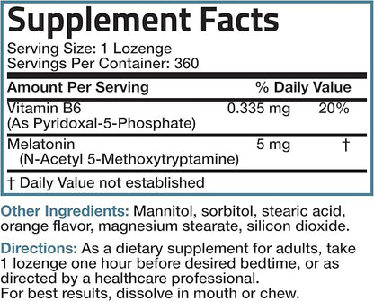 Bronson Melatonin 5mg Fast Dissolve Orange Flavor Tablets with Vitamin B6 - Promotes Relaxation, 360 Vegetarian Chewable Lozenges