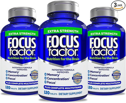Focus Factor Adults Extra Strength, 120 Count- Brain Supplement for Memory, Concentration, Focus- DMAE, Vitamin D, DHA- Brain Health Supplement – Trusted Formula- Brain Vitamins, Focus Pills (3 Pack)