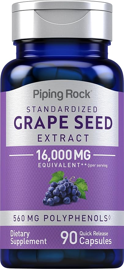 Piping Rock Grape Seed Extract Capsules | 16,000 mg | 90 Count | Standardized Supplements | Non-GMO, Gluten Free