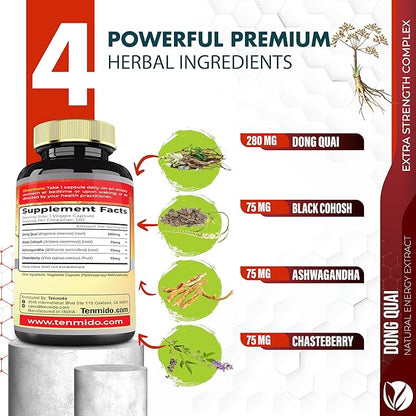 Dong Quai Supplement Extract Capsules, 4 Months Supply with Black Cohosh, Chasteberry, Ashwagandha - 120 Vegan Capsules