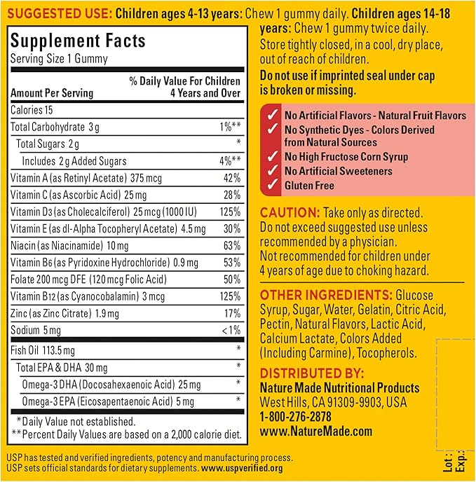 Nature Made First Multivitamin with Omega-3, Vitamins and Minerals for Nutritional Support, 70 Kids Gummies (Pack of 2)