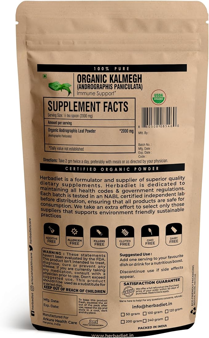 Andrographis Paniculata Powder | Certified Organic | 1% Andrographolides - Natural Liver Tonic, Immune Health & Respiratory Support Complex | King of Bitters, Non-GMO (227 gram/8oz)