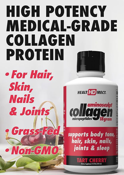 HEALTH DIRECT AminoSculpt Sugar-Free Collagen Supplement - High Potency Medical-Grade Protein for Hair, Skin, Nails & Joints, Grass-Fed, Non-GMO, Liquid Collagen - Tart Cherry - 15 Fl Oz