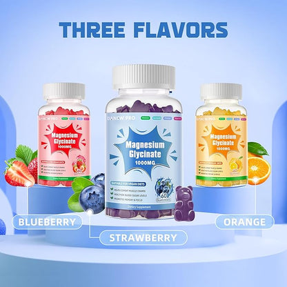Magnesium Glycinate Gummies 1000mg - Sugar Free Magnesium Potassium Supplement with Vitamin D, B6, CoQ10 for Calm Mood & Sleep Support - 60 Blueberry Gummies
