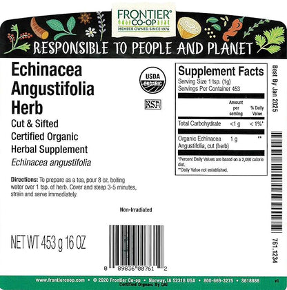 Frontier Co-op Organic Echinacea Angustifolia Herb, 1lb Bulk Bag - Cut and Sifted, Dried - Ideal for Echinacea Root Tea and Herbal Uses, Kosher