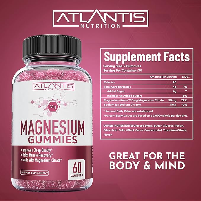 Atlantis Nutrition Magnesium Citrate Gummies – 770mg Magnesium Citrate for Kids & Adults | Supports Muscle Recovery, Eases Cramps, Promotes Calmness & Better Sleep | 60 Vegan Gummies