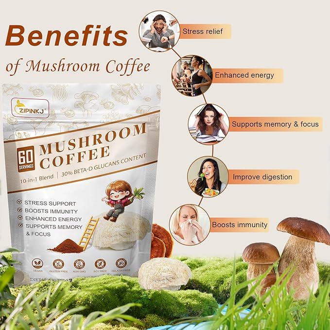 Mushroom Coffee Powder Organic (60 Servings) Instant Coffee Natural Ingredients - Lion's Mane, Cordyceps, Reishi, Chaga Mushrooms Powder Supplement Better Focus and Immunity, Gut Digestion