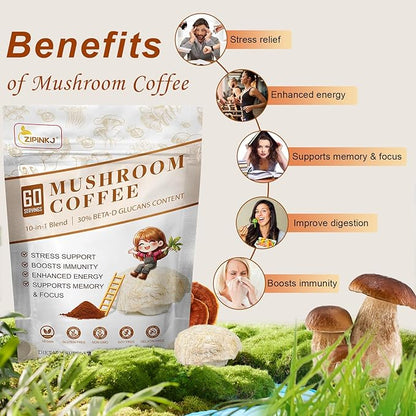 Mushroom Coffee Powder Organic (60 Servings) Instant Coffee Natural Ingredients - Lion's Mane, Cordyceps, Reishi, Chaga Mushrooms Powder Supplement Better Focus and Immunity, Gut Digestion