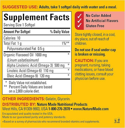Nature Made Flaxseed Oil 1000 mg, Fish Free Omega 3 Supplement, Dietary Supplement for Heart Health Support, 180 Softgels, 180 Day Supply