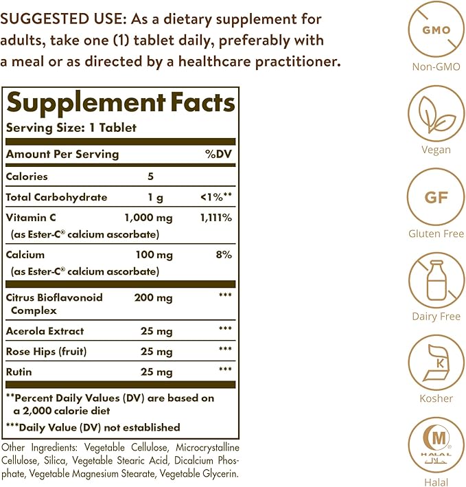 Solgar Ester-C Plus 1000 mg Vitamin C (Ascorbate Complex) - 180 Tablets - Gentle & Non Acidic - Supports Upper Respiratory Health - Non-GMO, Gluten-Free - 180 Servings