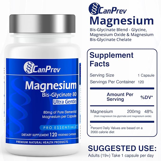 CanPrev Magnesium Biglycinate Chelated 80mg Ultra Gentle 120 V-Caps 120-Day Supply - Support Muscle Function, Bone Strength & Relaxation, Pure Magnesium Bisglycinate Formula, Promote Comfort & Balance