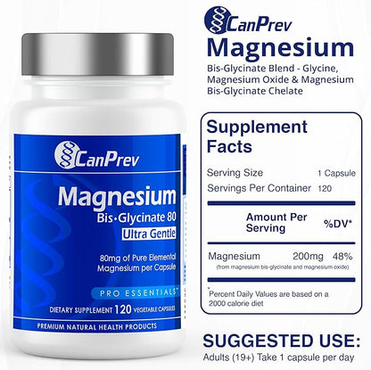 CanPrev Magnesium Biglycinate Chelated 80mg Ultra Gentle 120 V-Caps 120-Day Supply - Support Muscle Function, Bone Strength & Relaxation, Pure Magnesium Bisglycinate Formula, Promote Comfort & Balance
