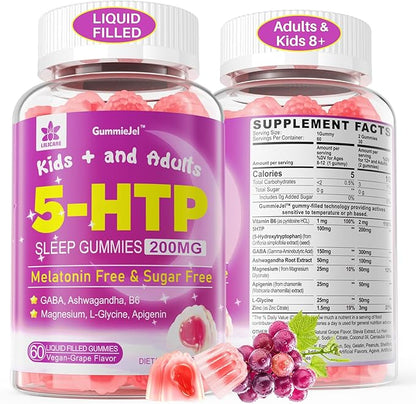 Ginger Chews Supplement Gummies for Nausea, Stomach Relief & 5HTP Gummies for Adults & Kids 8+ with GABA + Magnesium Glycinate