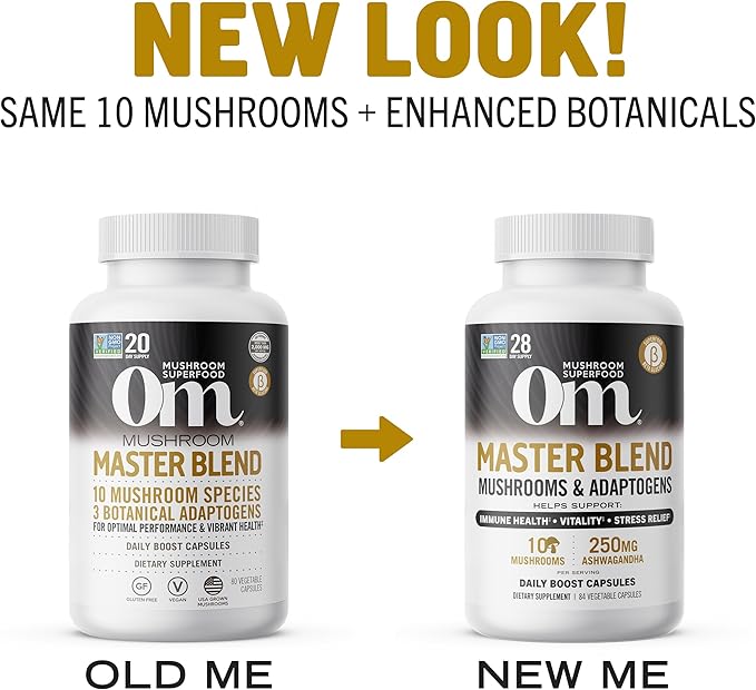 OM MUSHROOM SUPERFOOD Master Blend Mushrooms & Adaptogens Capsules, 84 Count, 28 Servings, 10 Mushroom Complex with Adaptogens for Immune and Stress Support
