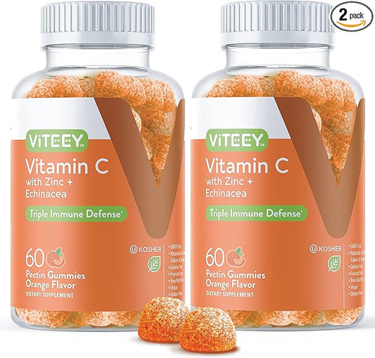 Vitamin C Gummies for Adults & Teens with Zinc & Echinacea - Immune Support Gummies - Immune Booster - Vegan, Gelatin Free, Gluten Free, GMO Free - Tasty Vitamin C Chewable Orange Flavored Gummy