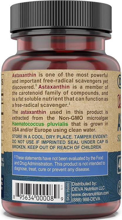 DEVA Nutrition Vitamins Astaxanthin 4mg, Vegan, Super Anti-Oxidant Protection for Skin, Eyes, Joints & Inflammation from Non-GMO Haematococcus Pluvialis Microalgae, 30 Capsules