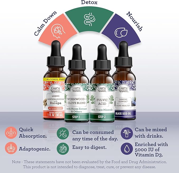 GuruNanda Total Wellness Boost with Liquid Ashwagandha, Black Seed Oil & GutCleanse - Helps with Immunity and Mind Care