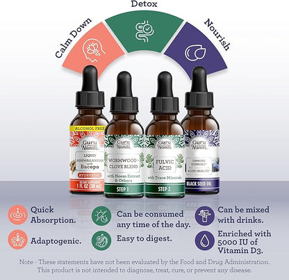GuruNanda Total Wellness Boost with Liquid Ashwagandha, Black Seed Oil & GutCleanse - Helps with Immunity and Mind Care