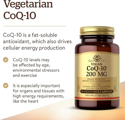 Solgar Vegetarian CoQ-10 200 mg, 30 Vegetable Capsules - Heart Healthy, Protective Antioxidant - Coenzyme Q10 (CoQ-10) Supplement - Vegan, Gluten Free, Dairy Free, Kosher - 30 Servings
